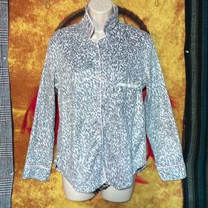 DKNY-women’s gray animal print/pink trim soft long sleeve button-down nightshirt
